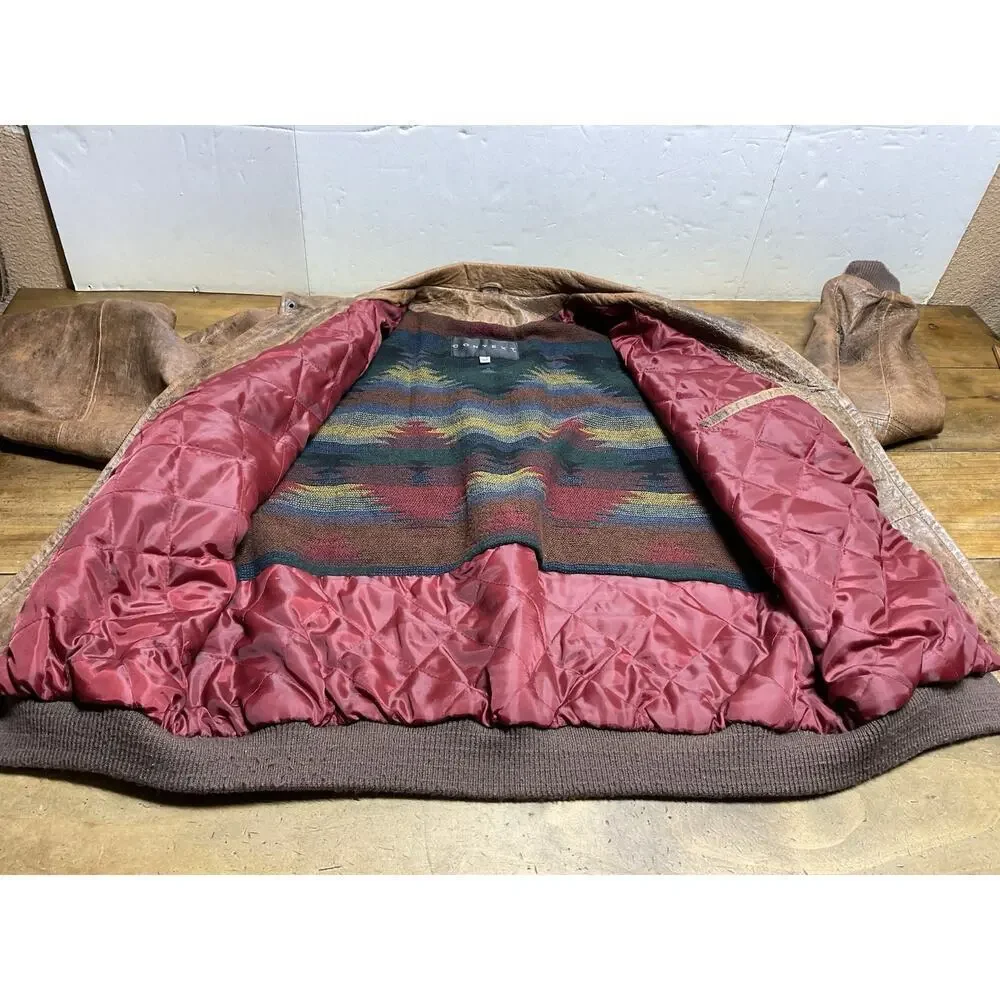 Context Vintage 90s Leather Bomber Jacket Brown Size Aztec Lining Full Zip XLT